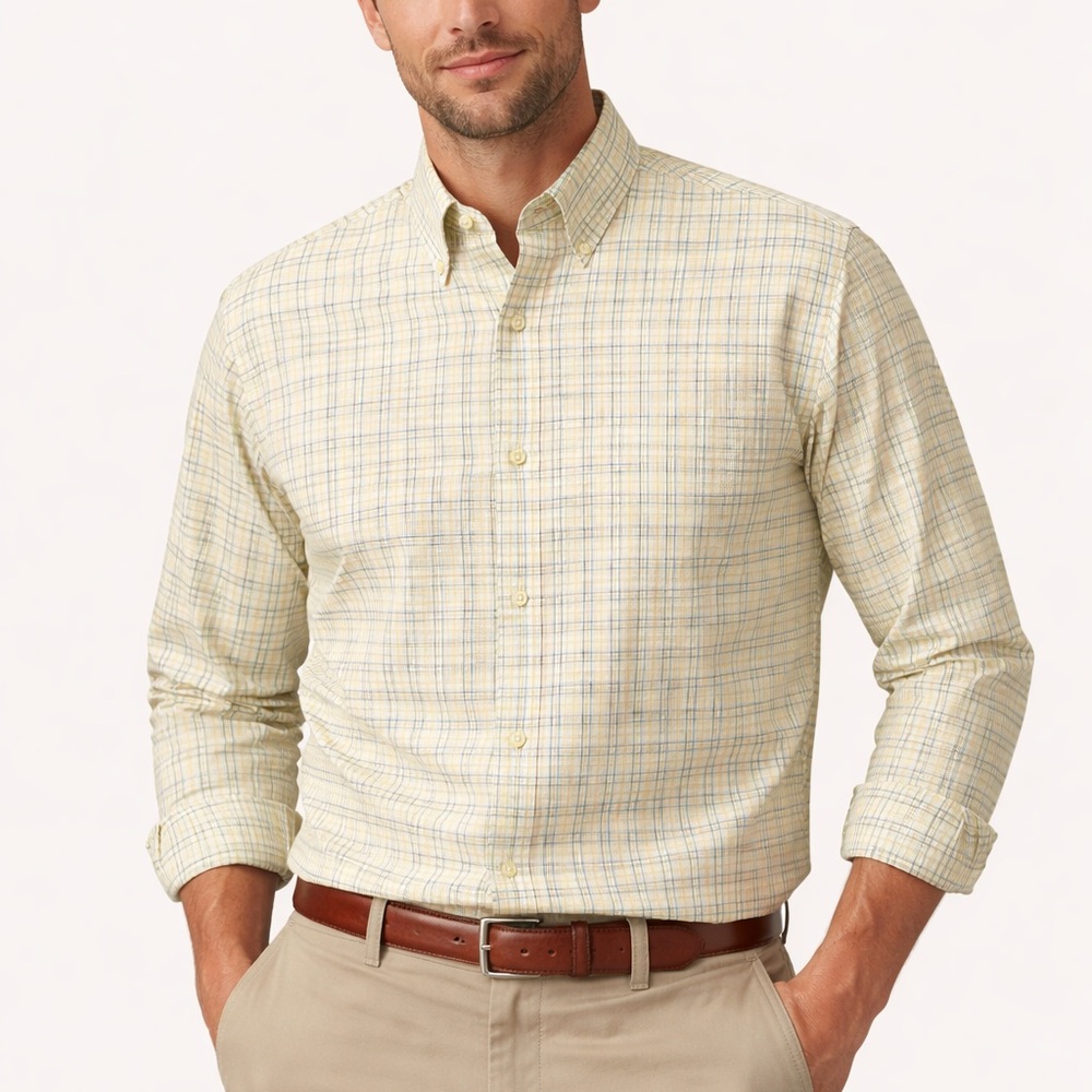 Robert Talbott XL Cream Green Blue Check Button Down Shirt Cotton Top